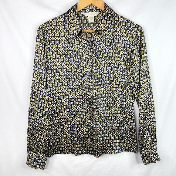 Vintage Express Silk Funky Pattern 100% Silk Button Down Small - Picture 1 of 9